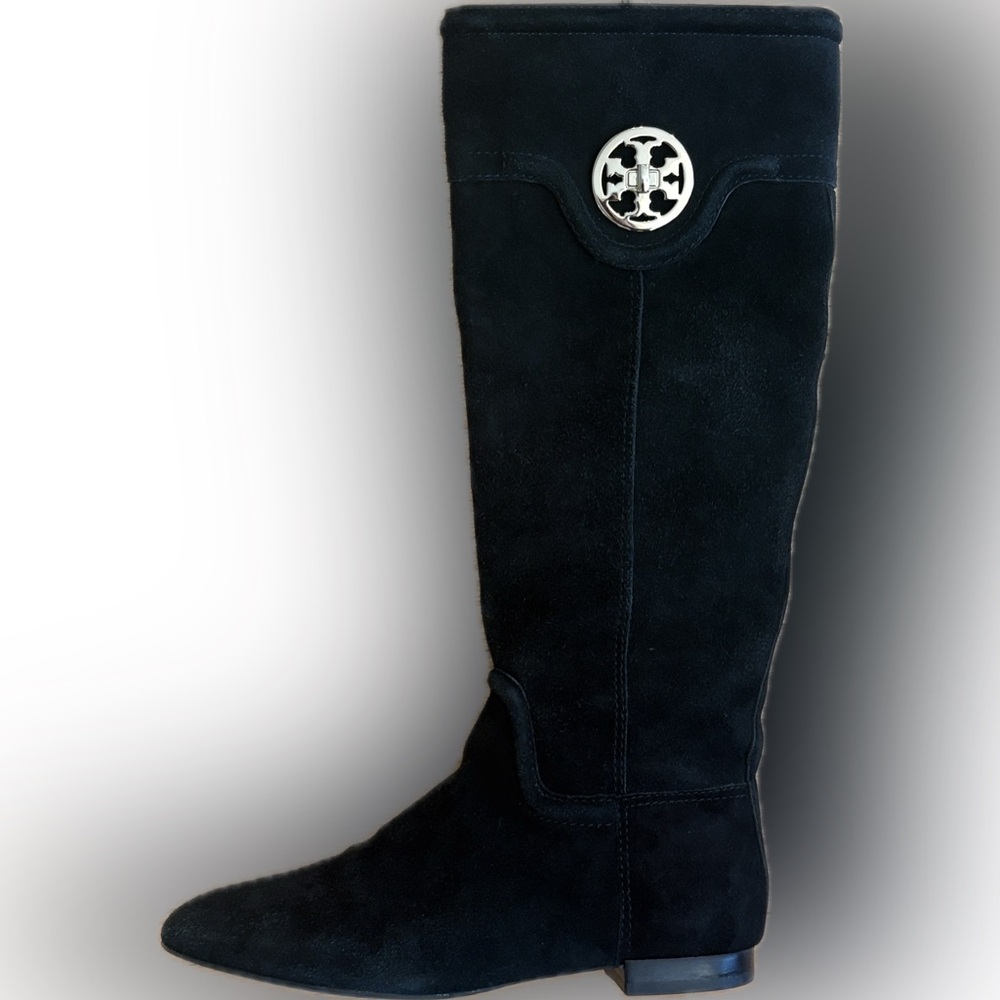 TORY BURCH Selma Black Suede Logo Riding Tall Boot 6 $498 gold